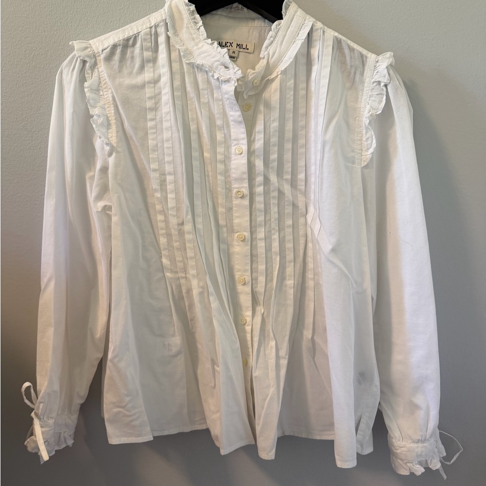Alex Mill White Ruffle Pintuck Button-Down Blouse